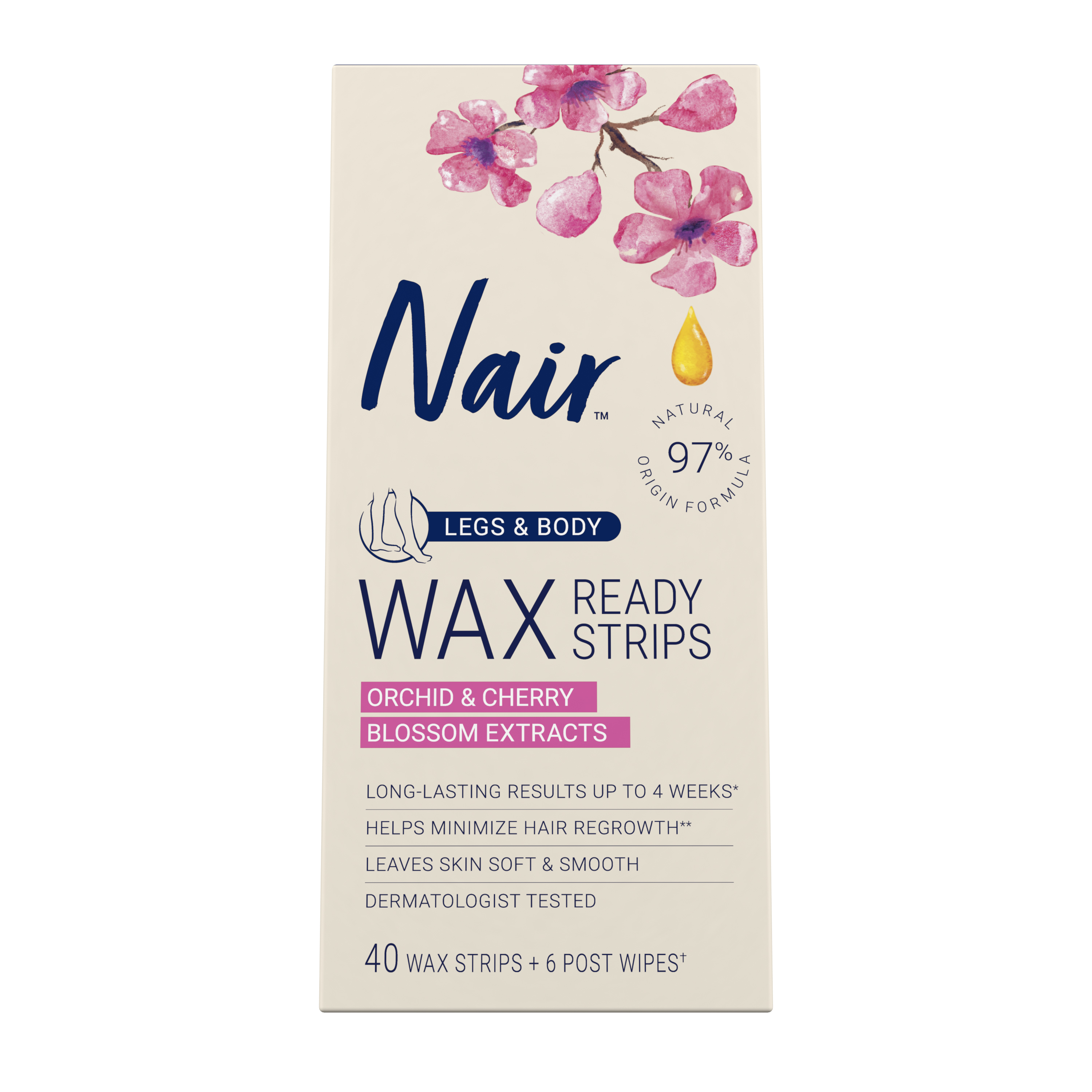 nair nair hair remover mess-free wax ready strips, legs and body easy hair removal wax strips, 40 count