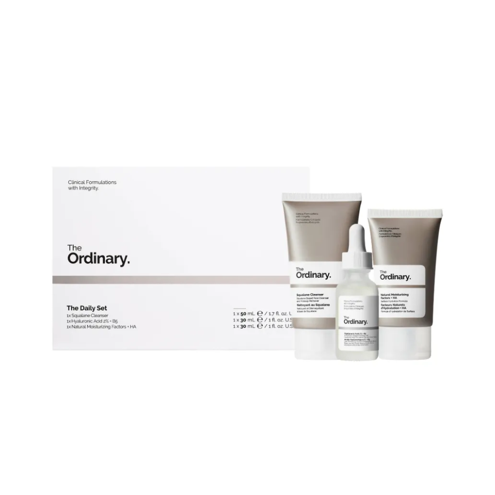 theordinary the ordinary the daily set : squalane cleanser ), hyaluronic acid 2% + b5 ), natural moisturizing factors + ha )